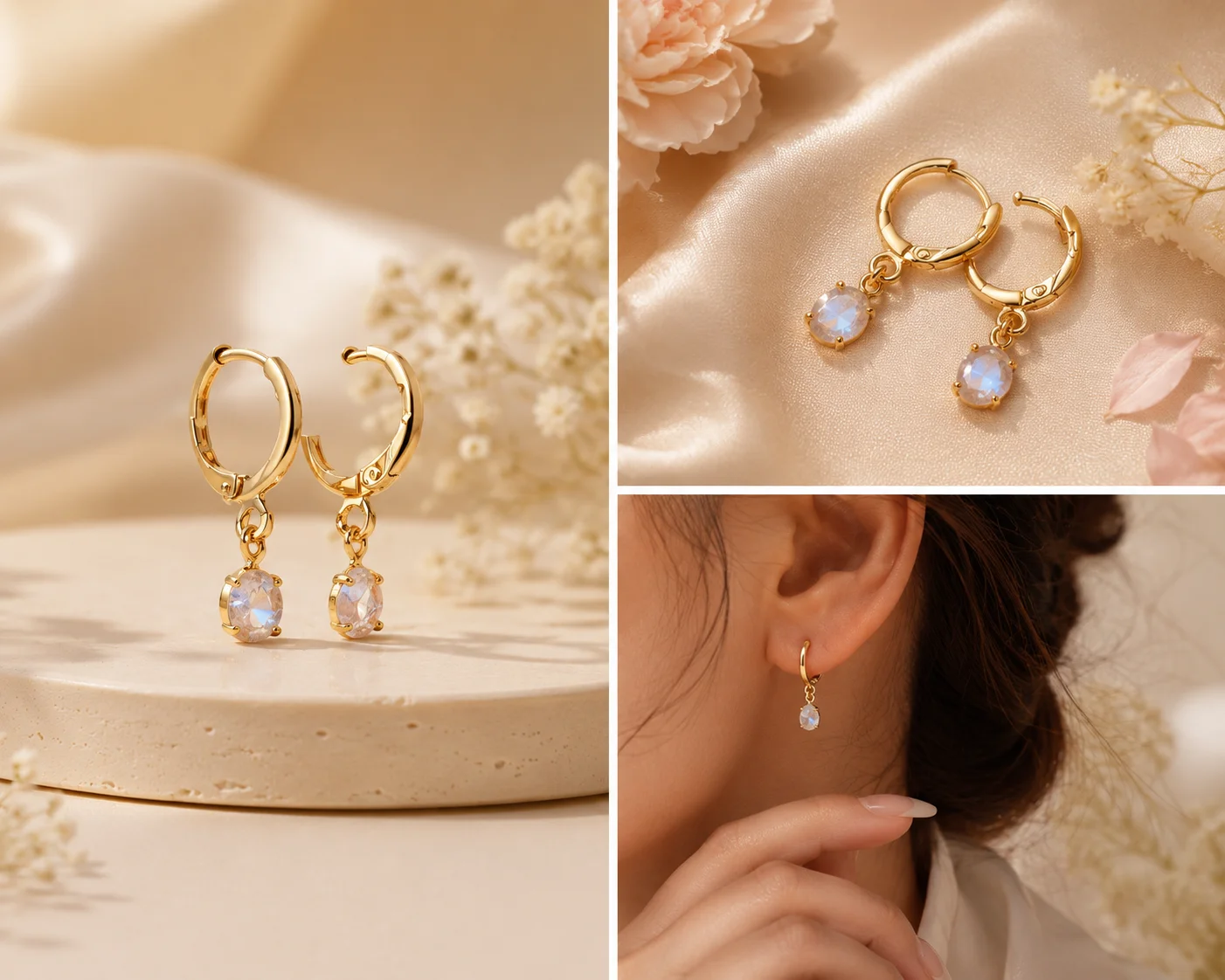 Gold Hoop Moonstone Crystal Drop Earrings